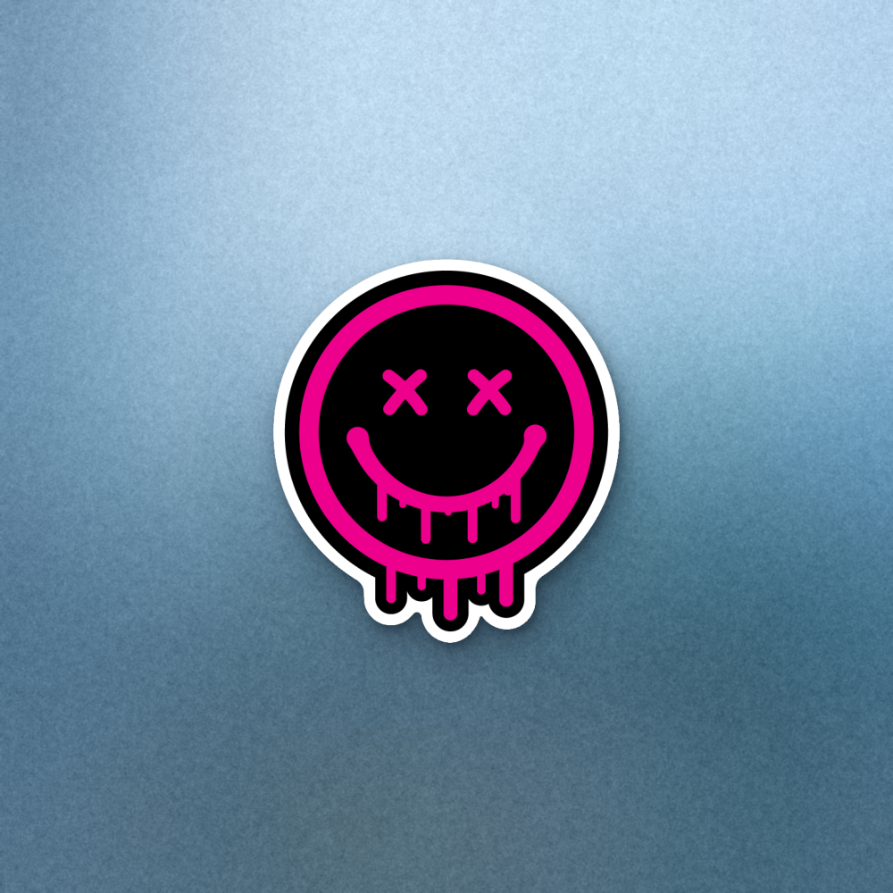 Drip Face sticker - hot pink and black dripping smiley face with X eyes, die-cut with white border, 60 x 67 mm