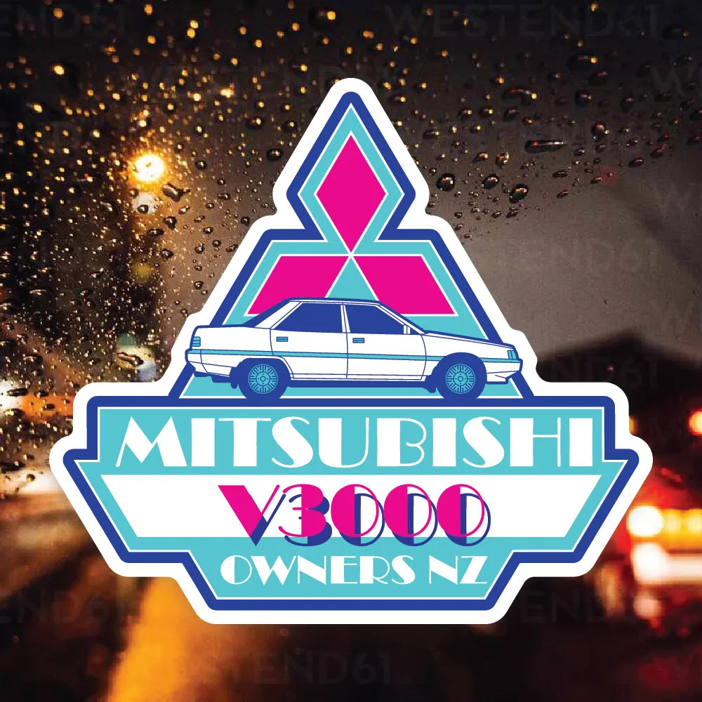 Sticker design featuring a stylized Mitsubishi logo in pink and teal with a white outline, a white Mitsubishi V3000 car in profile, and bold geometric text reading "MITSUBISHI V3000 OWNERS NZ." The text is set in a retro-futuristic font, and the entire design is framed in a layered badge shape with blue, teal, and pink accents.